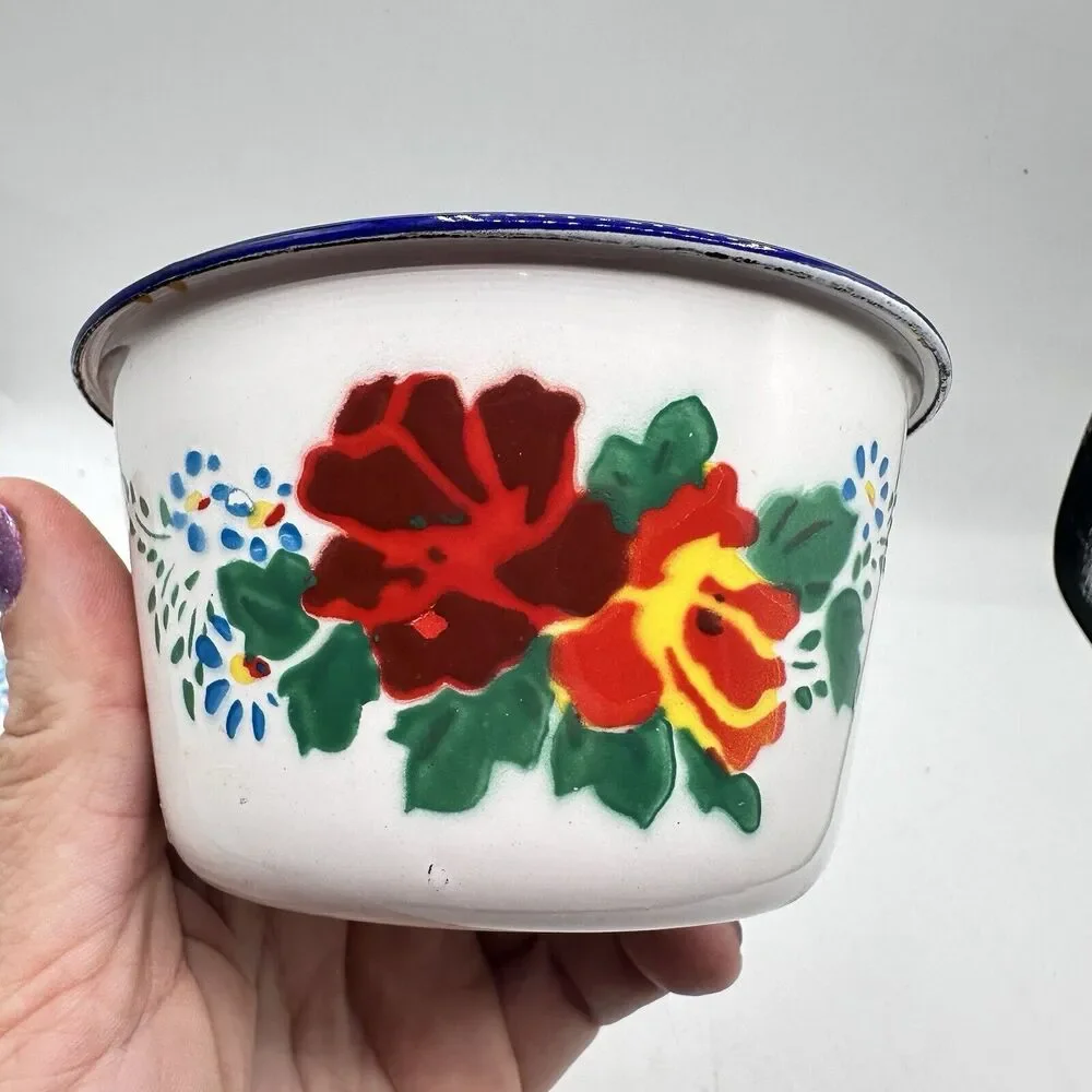 Vintage Mini Floral Enamel Pot Trinket Dish Roses Retro Kitsch Decor - Picture 9 of 13